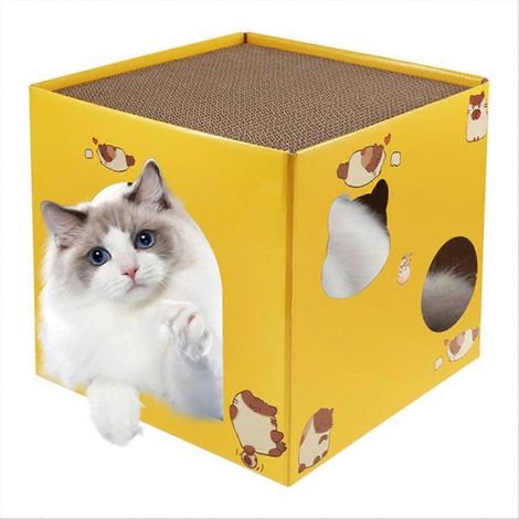 Maison en carton ondulé pour chat avec griffoirs intégrés, lit en carton recyclé, abri confortable pour chat, griffoir multifonction, jeu et repos, modèle robuste, écologique, 1 pièce (1/5)