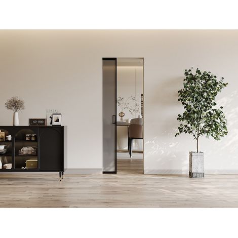 Porte coulissante avec système à galandage - aluminium et verre trempé fumé dépoli - H205 x L93 cm - LINCI II (1/2)