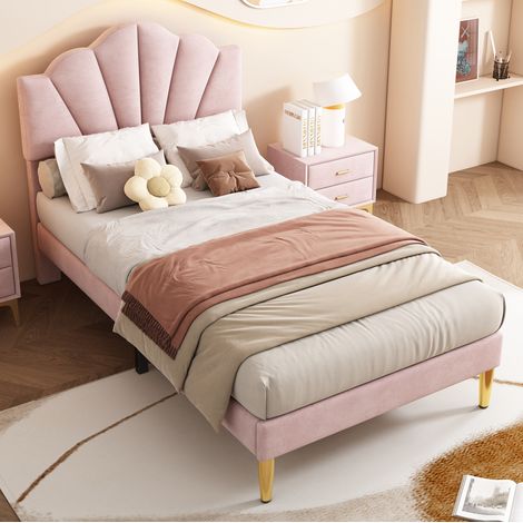 DESVIAE Lit rembourré en velours rose 90 x 200 cm tête de lit coquillage réglable pieds en fer dorés sommier à lattes en bois (1/5)