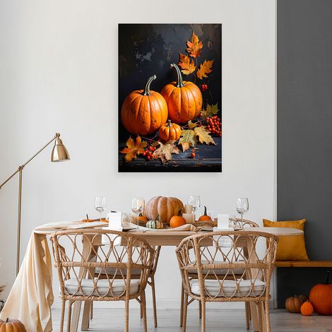 Wandbild Herbstkomposition mit Kürbissen in warmen Farben auf dunklem Hintergrund 70x100 (1/4)