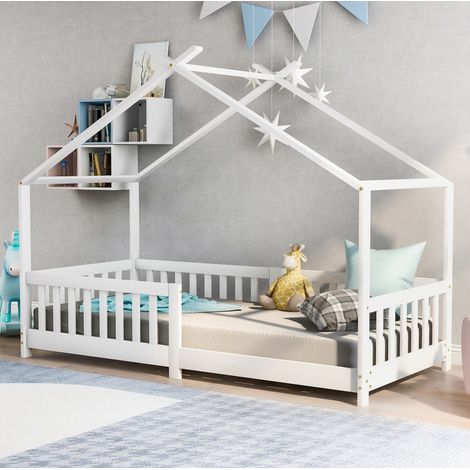 Letto a casetta bambini 90 x 200 cm in legno con sponda di sicurezza e rete a doghe, per cameretta bambini e adolescenti, bianco (1/5)