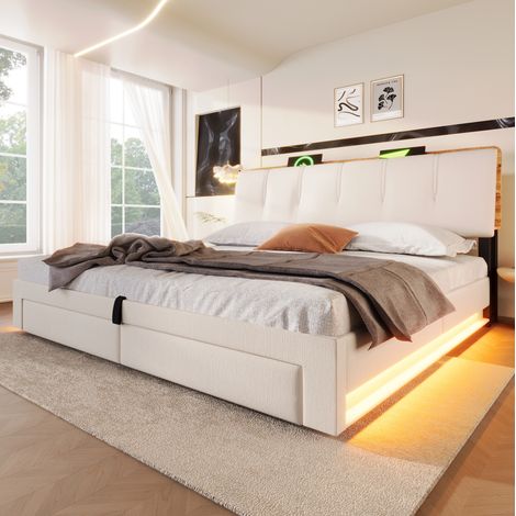 Lit coffre 180x200 cm en lin beige, LED, USB-C, rangement pour chambre – sans matelas – MEUBLIV (1/5)