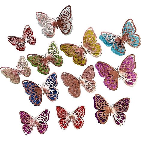 Stickers muraux papillons 3D – Ailes à paillettes double couche – Lot de 6 pour décorer une chambre sur le thème d'un gateau d'anniversaire - Or rose (1/5)