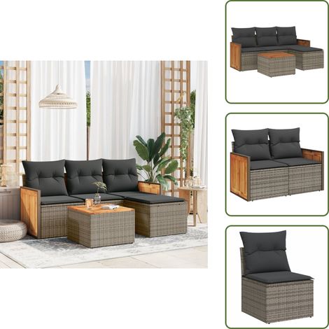 The Living Store 5-tlg. Garten-Sofagarnitur mit Kissen Grau Poly Rattan - Gartenmöbel Set - Rattan Möbel - Outdoor Lounge - Esstisch - Sofasitzgruppe