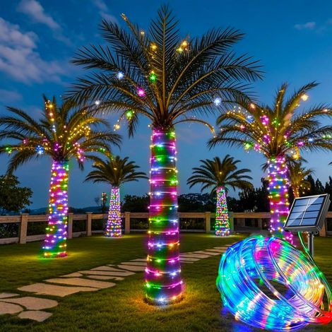 Guirlande lumineuse solaire d'extérieur , 12 m, 100 LED, 8 modes, étanche, décoration pour jardin, terrasse, balcon (couleur) (1/5)