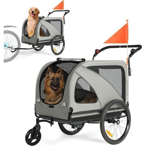 FIXIMASTER Remorque Vélo et Poussette Jogging pour Chien 2 en 1 (Taille XXL), Pliable avec Toit Ouvrant, Poignée Réglable et Transport Sécurisé - Gris