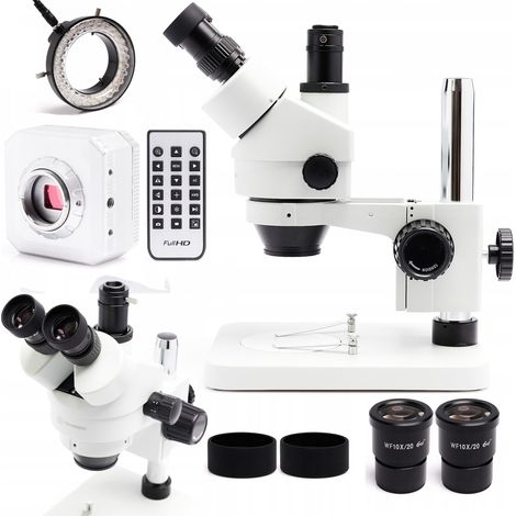 Microscope stéréo trinoculaire 7-45x 10HT (blanc) + caméra Silver Jet 16 MP + éclairage LED réglable 56x Techrebal (1/5)