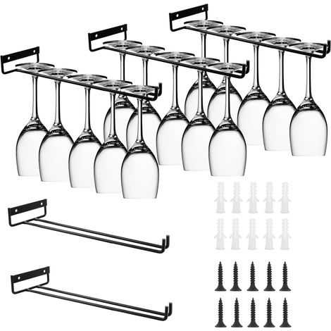 Lot de 5 Porte-Verres à Pied Suspendu 30 cm - Support Verre de Vin en Métal Noir avec Vis - Rangement Sous Placard pour Cuisine, Bar, Restaurant et Cave à Vin (1/5)