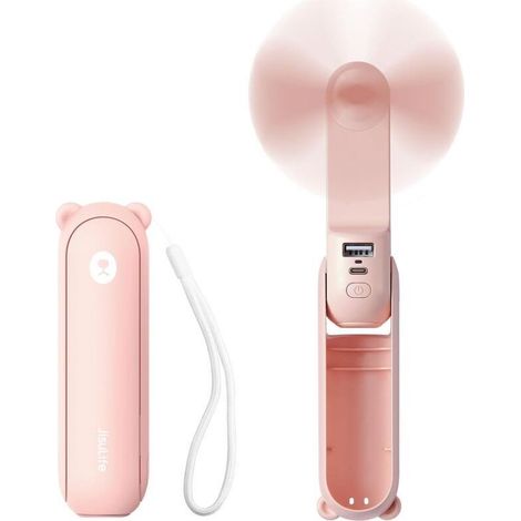 Mini ventilateur portatif 3 en 1, rechargeable par USB (autonomie de 12 à 19 heures), avec batterie externe, lampe de poche, idéal pour les voyages et l'été - Rose (1/5)