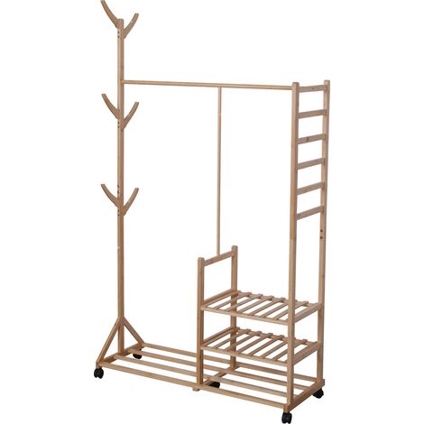 Perchero Relaxdays bambú, 4 estantes, barra para ropa, 6 ganchos, 176x100x38 cm, con ruedas, natural
