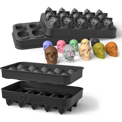 Moule à glaçons en silicone avec couvercle, 10 compartiments tête de mort 3D pour boissons & déco Halloween