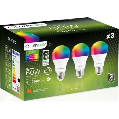 3 lampadine LED E27 A60 9W = 60W 806lm 6500K + RGB Multicolore Dimmerabile a 260° Telecomando LUMILED