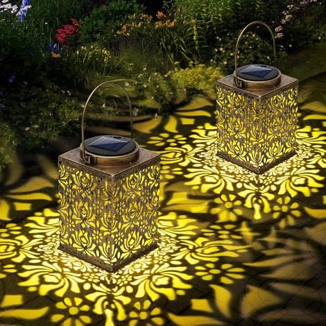 Lot de 2 Lanternes Solaires Bronze, Étanches, Métal Décoratif, Lampe LED Solaire pour Jardin, Patio, Terrasse - Modèle Rose (1/5)