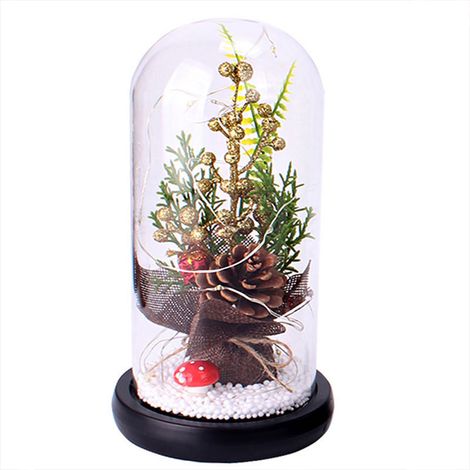 Dome En Verre Sapin De Noël Décoration Lumineuse Pour Intérieur Avec Branches De Pin Et Fruits Rouges - 22cm (1/5)