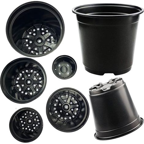 2 x 1L Black Round Plastic Flower Plant Pots With Drainage Holes & Strong Reinforced Rims