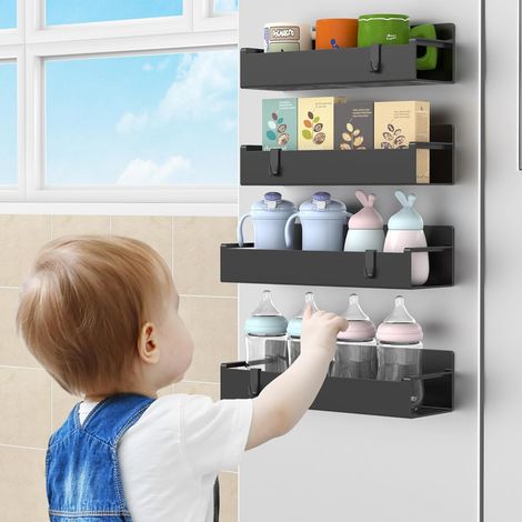Magnetische Gewürzregale im 4er-Pack für Kühlschrank und Backofen, schwarzer Organizer für Kühlschrank und Küchenaufbewahrung