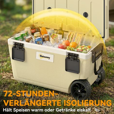 Glacière 70L, grande boîte isotherme passive jusqu'à 72h de froid, isolation en mousse PU pleine, roues, vidange, poignée (1/5)