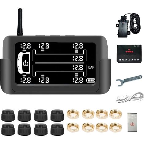 Tire pressure monitoring system, wireless solar TPMS monitor system with 8 external TPMS sensors, 6 alert modes, real-time detection alarm system