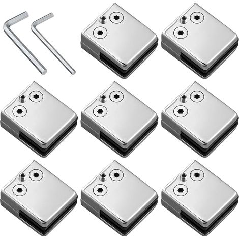 Lot de 8 pinces à verre de taille moyenne (8-9 mm) en acier inoxydable – Dos plat, finition polie, fixation antirouille avec vis de serrage pour garde-corps, balustrades, escaliers et mains courantes. (1/5)