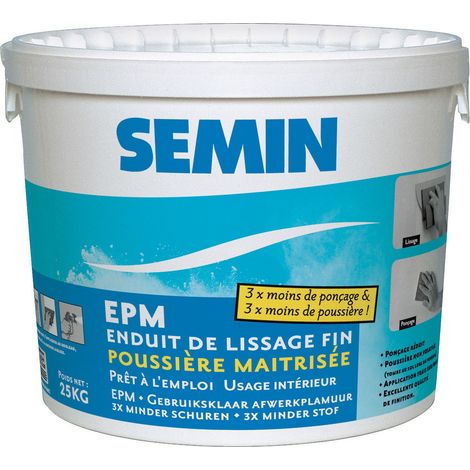 Semin – Enduit de lissage fin poussière maitrisée – Seau de 25 kg – Application aisée – Ponçage réduit et moins de poussière