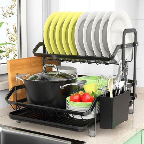 2 Niveaux Égouttoir Vaisselle, Egoutoire Vaisselle Cuisine avec Porte-ustensiles et Planche à découper, Inox Antirouille Matériau, Gain de place, Grand Organisateur pour Assiettes Bols Couverts Noir - (1/5)