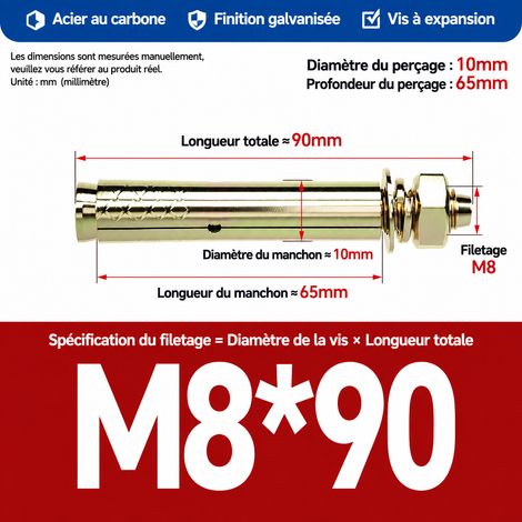 Goujon d'ancrage cheville métallique M8x90 mm lot de 20 pièces perçage 10 mm m8x90 20 pièces 10mm 1 kg – Livraison gratuite