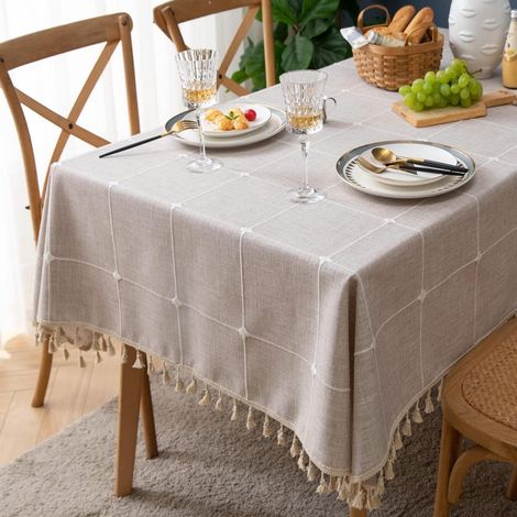 Nappe brodée 140x140 cm à carreaux avec franges, facile d'entretien, rustique