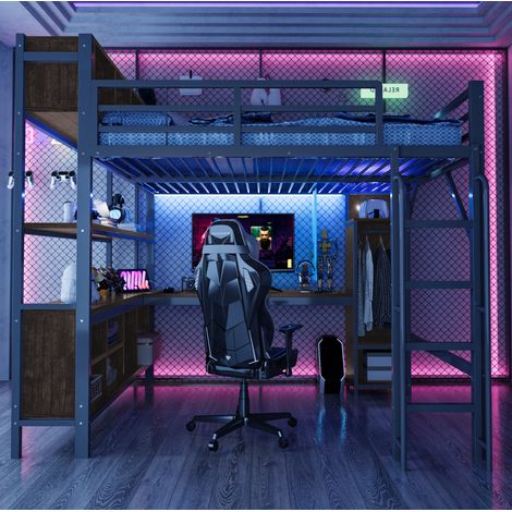 Cama alta con escritorio 140 x 200 cm, armario, LED, negra OKMYHOME (1/5)