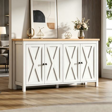 Modernluxe - Buffet moderne 140x40x78 cm - Avec 4 portes et étagères réglables - Poignées rondes noires - MDF - Blanc (1/5)