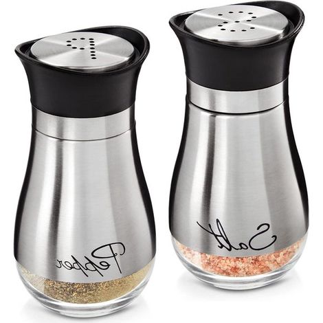 Juego de salero y pimentero - vidrio y acero inoxidable - inscripción Sal y pimienta - 118 ml cada uno (1/5)