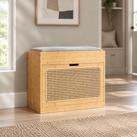 Banco zapatero de bambú natural 63x29x48 cm con almacenaje para recibidor -FLORAGRACE (1/5)