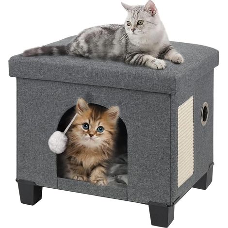 Lit pour Chat Pliable, Niche Chat avec Planche à Grattoir et Balle, 45 x 37.5 x 38 cm (1/5)