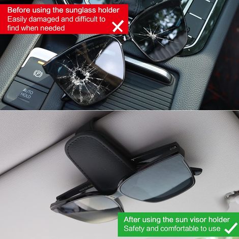 Étui à lunettes de soleil (noir) pour pare-soleil de voiture, étui magnétique en cuir avec clip pour carte. (1/4)