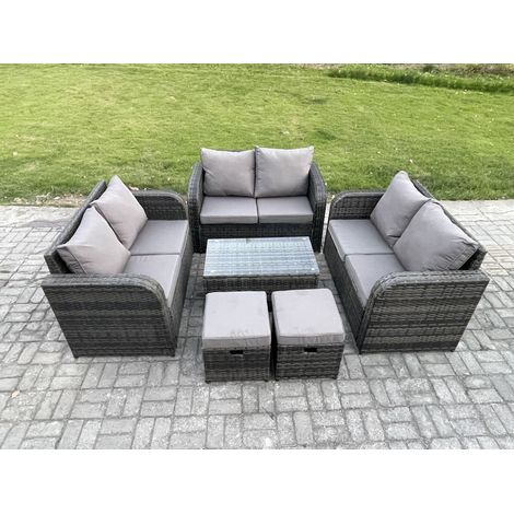 Fimous Outdoor Garden Furniture Sets 8 Seater Wicker Rattan Furniture Sofa Sets with Rectangular Coffee Table Love Sofa 2 Small Footstools Dark Grey Mixed (1/5)