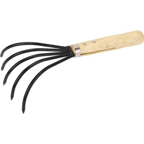 Râteau de jardin à main, 5 dents en acier, manche en bois, design ergonomique, outil de labourage et d'ameublissement du sol, manche court (1/5)