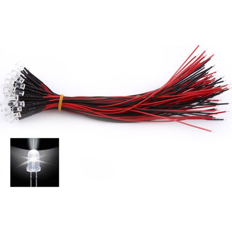 Diode électroluminescente LED Claire, 50 Pièces, Mini Diode Ronde Simple Pré-câblée, DC 9-12V (5 millimètres) (1/5)