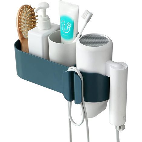 Support de Sèche-Cheveux Mural, Support De Sèche-Cheveux, Boîte De Rangement pour Sèche-Cheveux avec Boîte De Rangement, Non Perforé, Étanche, Forte Adhérence Bleu (1/4)