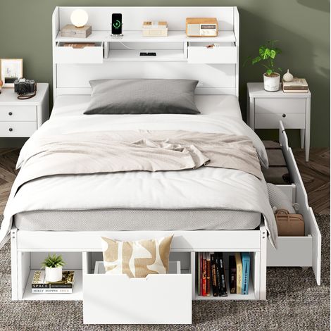 Cama juvenil con almacenamiento y USB blanca OKMYHOME (1/5)