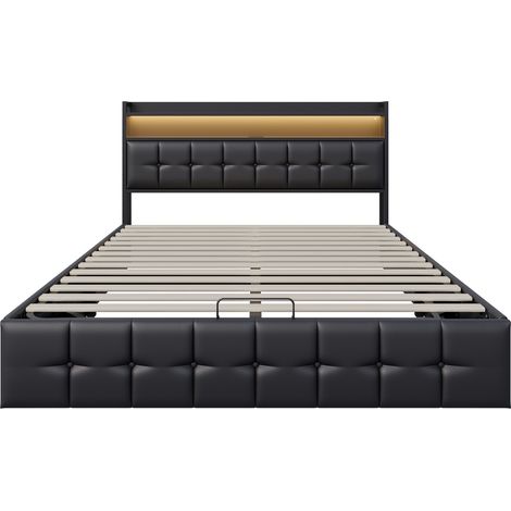 Dans Les Nuages – Lit coffre 160x200 cm avec éclairage LED – Rangement hydraulique – Charge USB-A/C – Sommier à lattes en bois – Similicuir noir