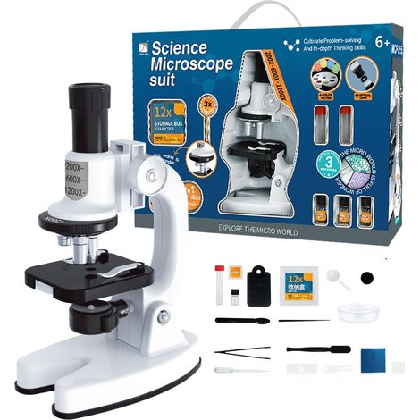 Microscope De Luxe Smart 1200X Avec Support Pour Téléphone Portable, Manuel Et Accessoires, 17Pcs, Blanc - Jouets Pour Enfants De 8 Ans Et Plus (1/5)
