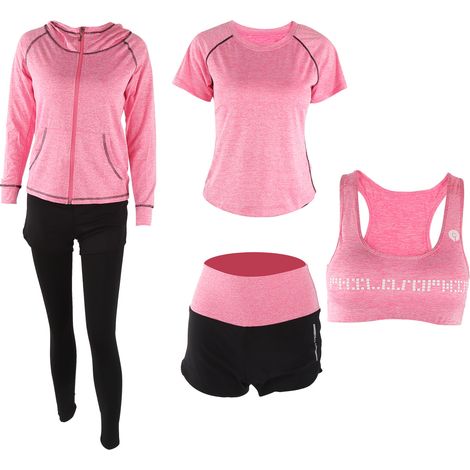 Ensemble de Yoga Femme 5 Pièces : T-shirt Manches Longues et Leggings pour Fitness et Entraînement - Rose (1/5)