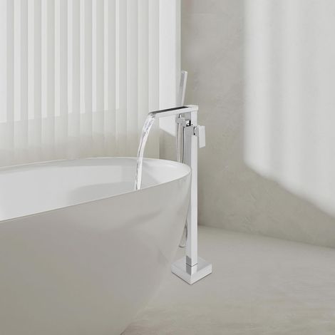 Robinet de baignoire, sur pied, G1/2", en acier et cuivre, pivotant à 360°, 88 cm de haut,montage au sol, avec douchette, pour salles de bains dans les maisons privées, hôtels haut de gamme, argenté (1/5)