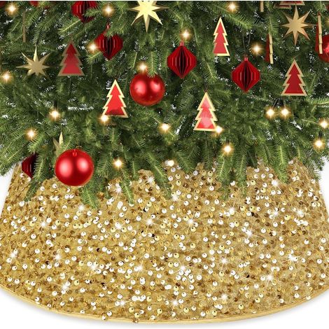 Tablier de sapin de Noël, jupe de sapin, décoration de pied de sapin 3D imprimée à paillettes, accessoire de décor, boîte pliable pour pied de sapin de Noël, grande jupe de sapin rouge à paillettes