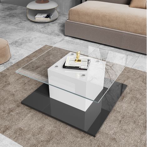 DESMIU Table basse carrée avec plateau en verre trempé, LED réglable, roulettes, pour salon, blanc et noir, 80 × 80 × 40 cm (1/5)