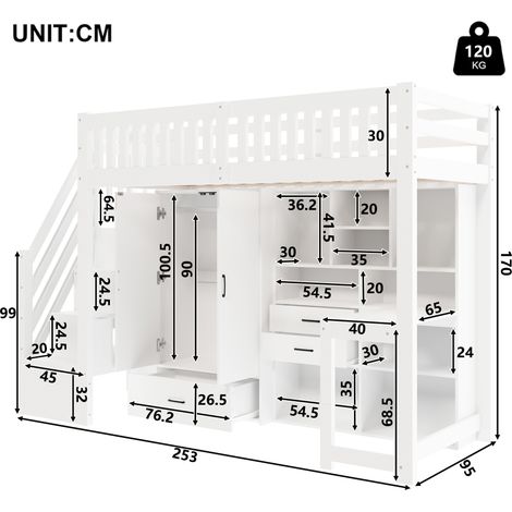 Lit superposé 90x200cm avec échelle de rangement, armoire, bureau, tiroirs et casiers, sans matelas, blanc (1/5)