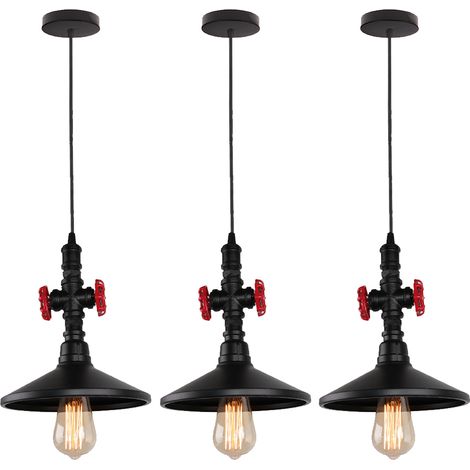 3er Pendelleuchte, Vintage Metall Kronleuchter mit Lampenschirm, Industrial Wasserrohr Hängelampe für Wohnzimmer Esszimmer (Schwarz)