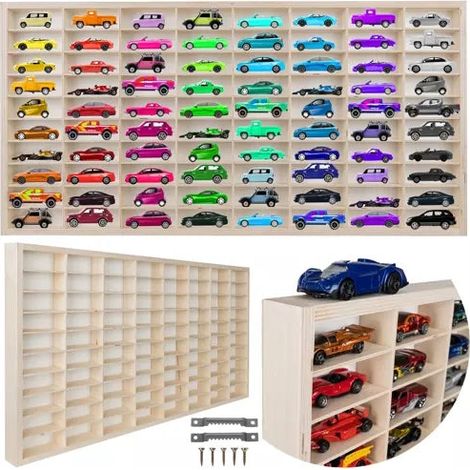 Étagère en bois pour voitures – 80 compartiments – Montage mural – Contreplaqué pin – SKU 20233 – Kibani (1/5)