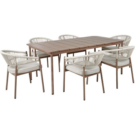 Conjunto de jardín de metal aluminio transferencia térmica mesa 6 sillas patio exterior gris pardo y madera oscura Flavia