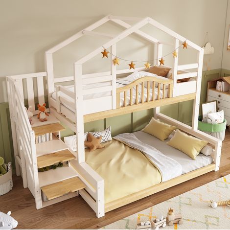 Lit superposé cabane 90x200/140x200 avec escalier rangement et étagères, bois blanc et coloris bois pour chambre (1/5)