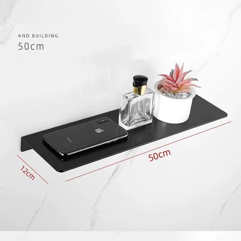 Étagère de salle de bain (50 cm, noire) avec plateau doré brossé, étagère de douche en aluminium, organisateur mural noir pour salle de bain et cuisine. (1/5)